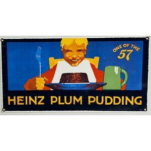 Vintage Heinz 57 Plum Pudding Heavy Enamel Porcelain Sign 14” x 8.5”